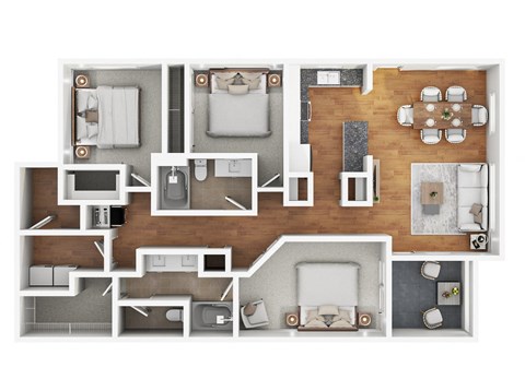 A top-down view of a house layout with a kitchen, living room, and bedrooms.